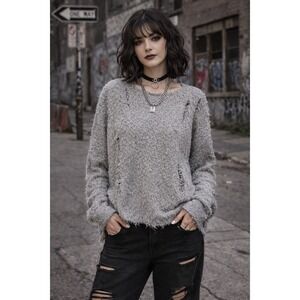 Oak + Fort Distressed Knit Sweater‎ Gray Size Large Grunge Punk Indie